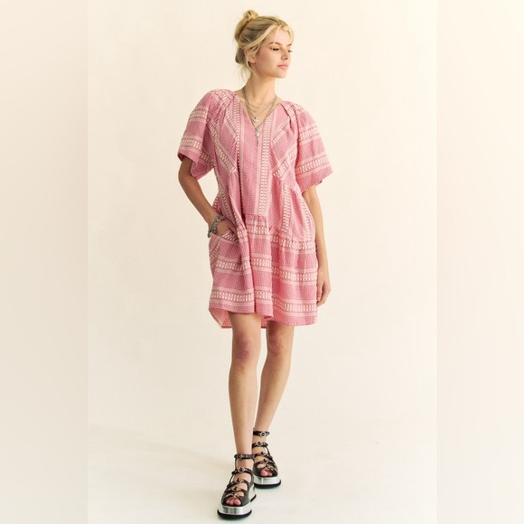 🟠 94B. Embroidered Stripe Detail Gingham Mini Dress - Red - Picture 5 of 13